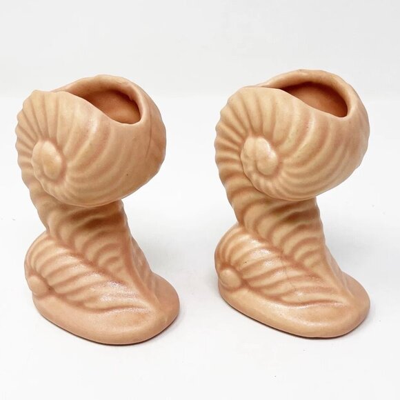 VTG Pair Of Haeger USA 4” Mini Ceramic Seashell Vases Mid-Century Modern Pottery - Picture 2 of 10